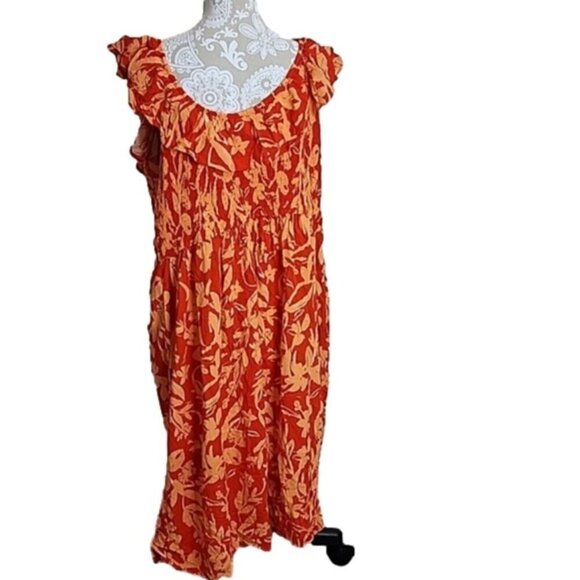 Ava & Viv Dress Tank Pockets Flowy Ruffles Midi Orange Tropical Women's 2X - Picture 3 of 5